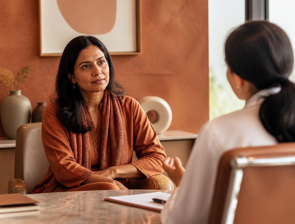 A woman in her forties listening to her doctor across a clinic desk, a lab report between them